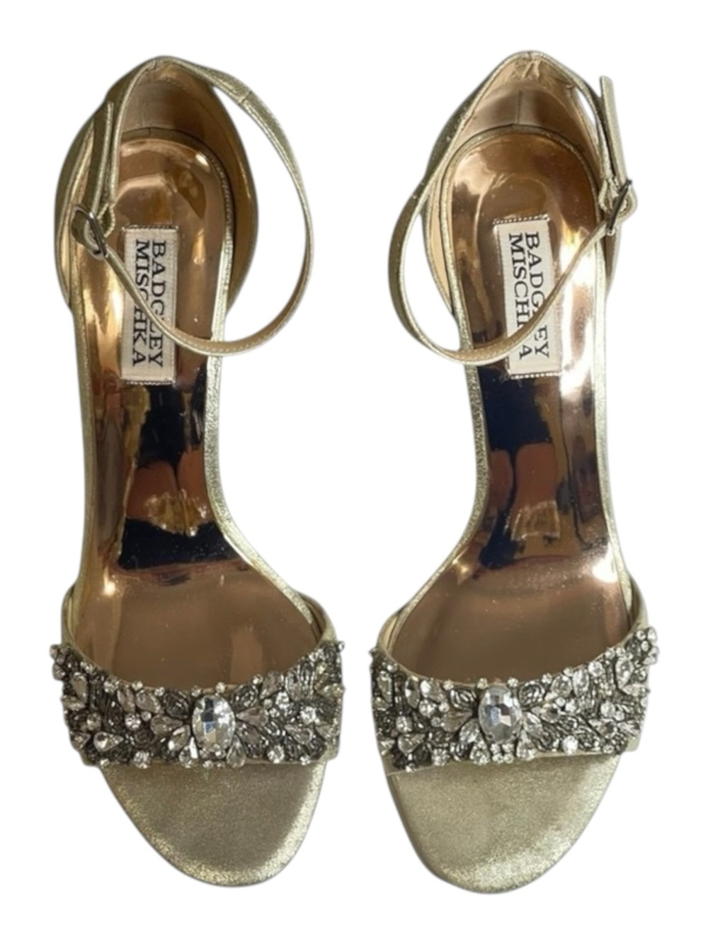 Badgley Mischka ❧ Barby Crystallized Heeled Sandals ❧ Gold Shimmery Leather ❧ 8M - Picture 8 of 16